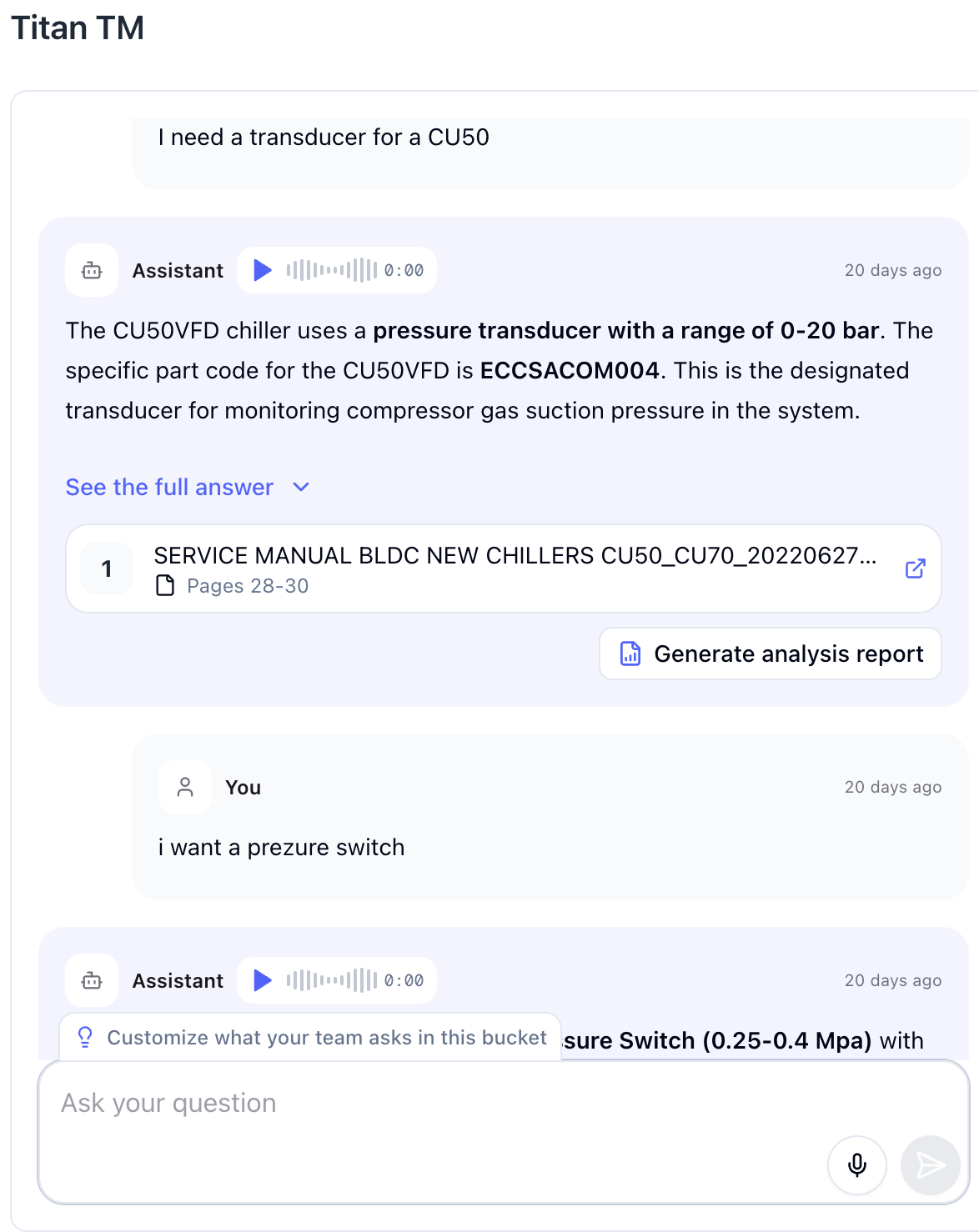Buckets chat answering 'I need a transducer for a CU50' with part code ECCSACOM004, a 0 to 20 bar pressure transducer, citing the CU50 and CU70 service manual, pages 28 to 30