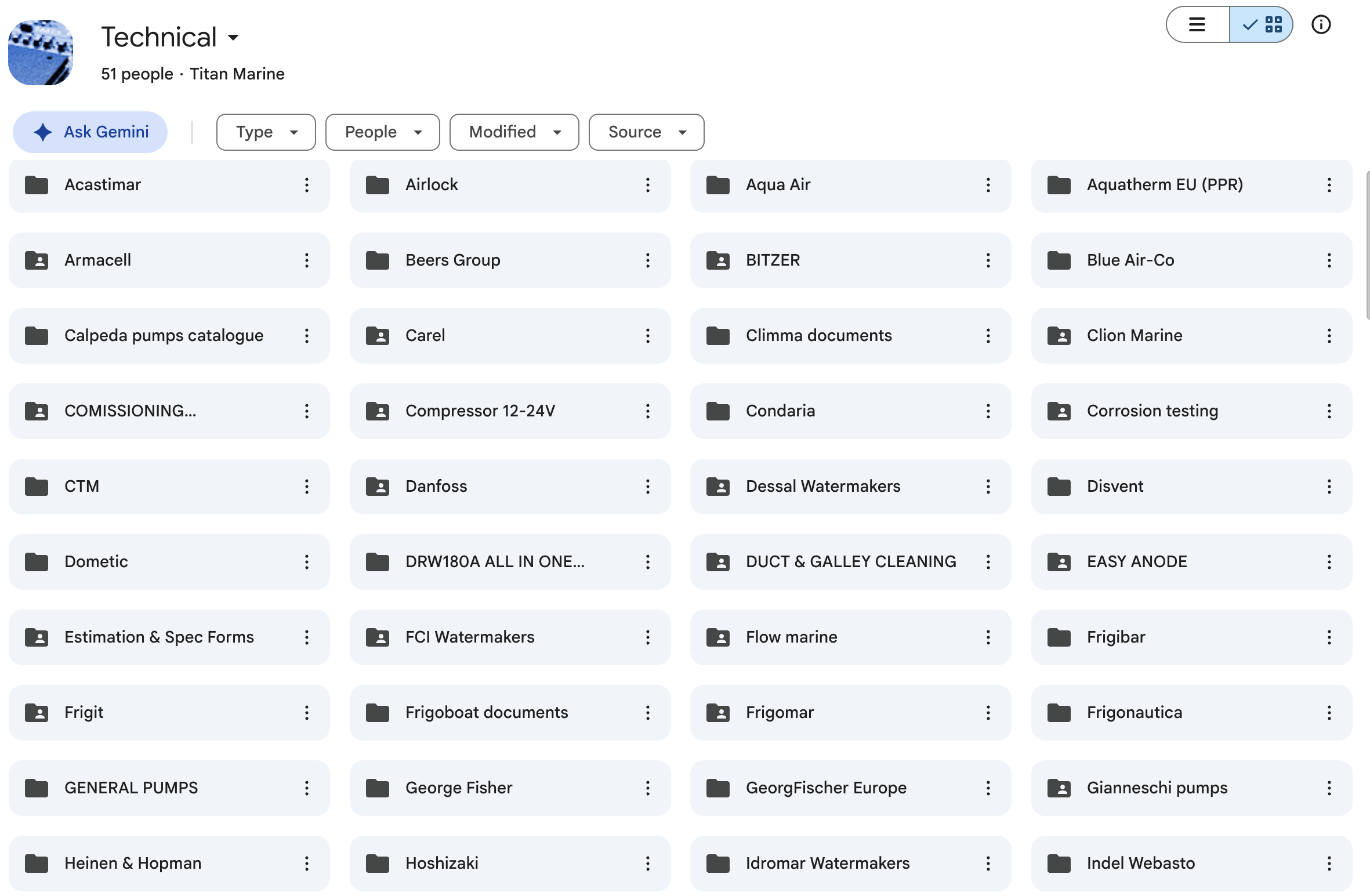 A Google Drive folder named Technical with dozens of supplier folders, including BITZER, Danfoss, Dometic, Frigomar, Heinen and Hopman and Indel Webasto