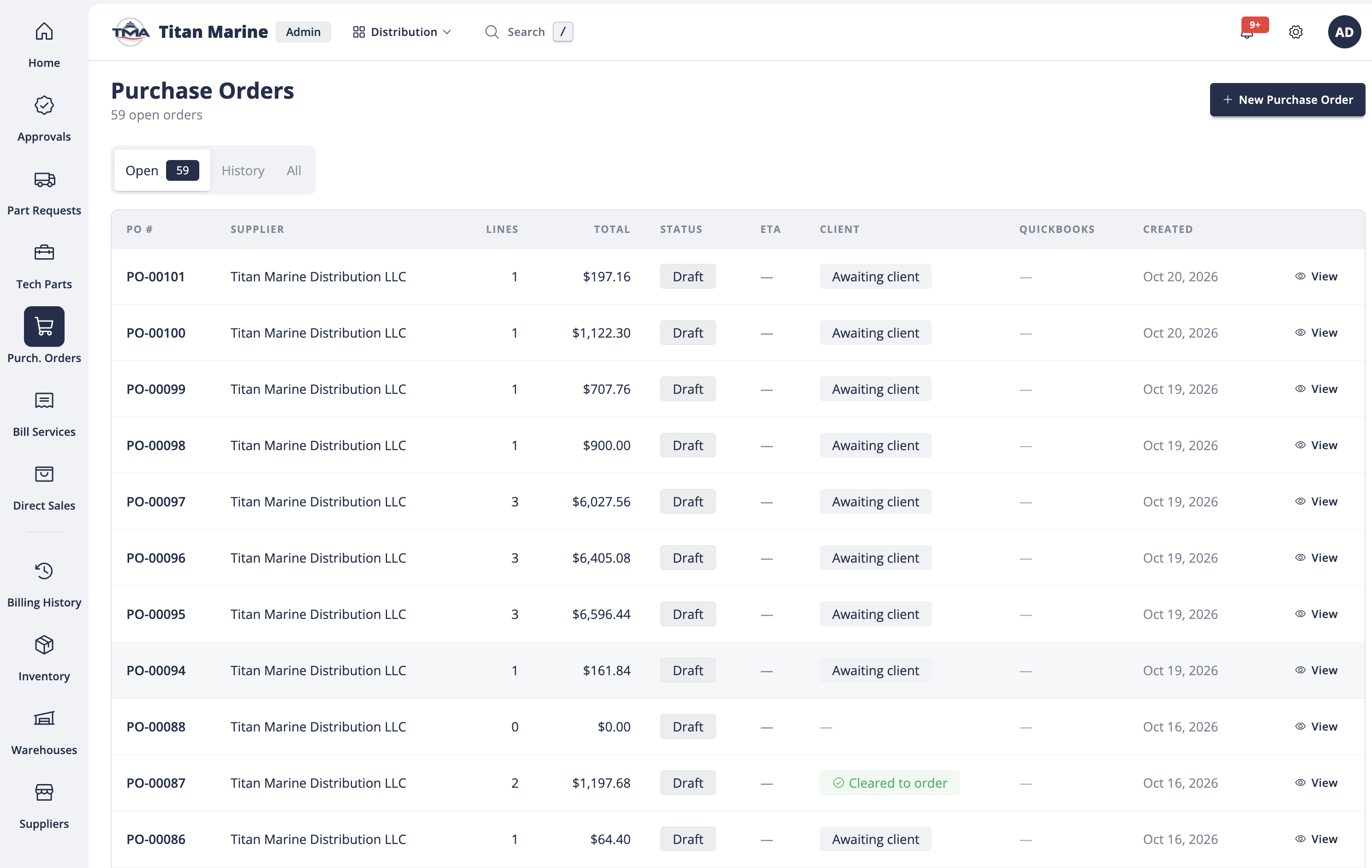 Buckets operations system showing the Purchase Orders screen with 59 open orders, their totals, client status and a QuickBooks column, plus a side menu for part requests, approvals, inventory, warehouses and suppliers